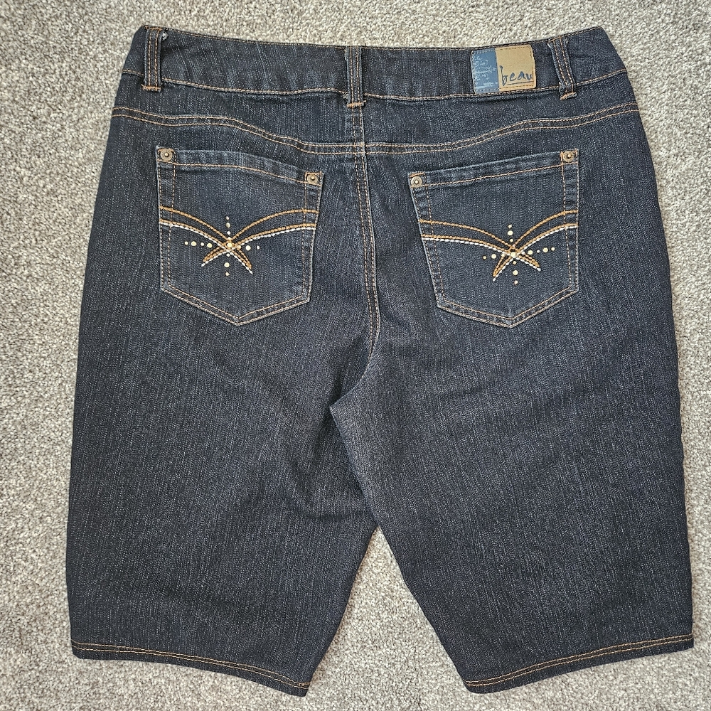Size 12 Beau Dark Wash Bermudas Fun Topstitched Jewelled Back Pockets